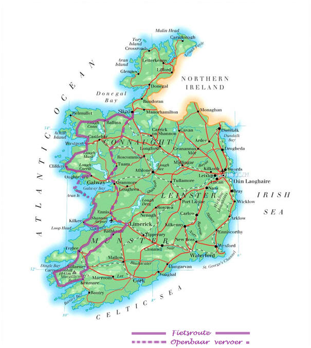 Kaart Ierland + Fietsroute