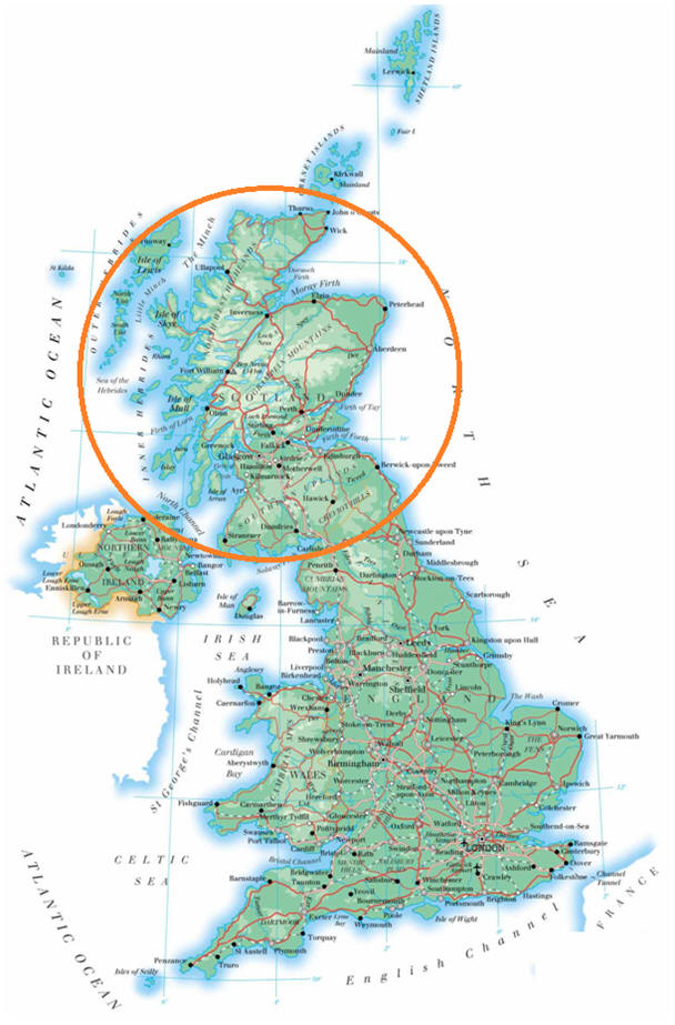 Kaart Groot Brittannie + Fietsroute